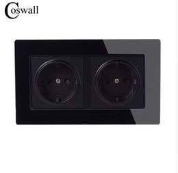 Coswall Wall Crystal Glass Panel Power Socket Grounded 16A EU Standard Electrical Black Double Outlet 146mm * 86mm 110-250V