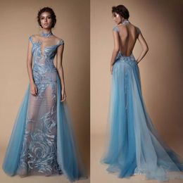 Berta Illusion Kleider Abend tragen Hochkragen sexy Prom Kleid Rückenless Meerjungfrau Landebahn Modekleid mit abnehmbarem Zug