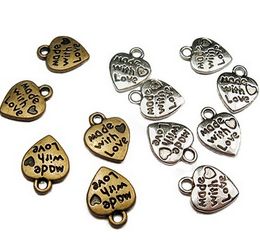 300Pcs/lot alloy MADE WITH LOVE Heart Charms Antique silver bronze Charms Pendant For necklace Jewelry Making findings 11x9mm