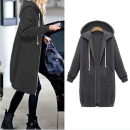 Hooded Fleece Long Women Jacket Coat Zip-up Casual Autumn Winter Warm Basic Jackets Cotton Plus Size Overcoat BLD1227