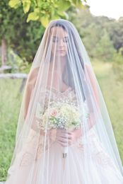 Gorgeous Wedding Veils Tulle Chapel Length White Ivory Simple Bridal Veils Blusher Cover Face Two Layers High Quality207S