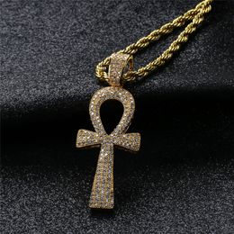 Hip Hop Iced Out Silver Gold Color Full Zircon Jesus Ankh Egyptian Life Cross Pendant Necklaces