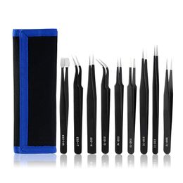 ESD Anti-static Stainless Steel Tweezers 9PCS Canvas Leather Bag Set Precision Industry Tweezers Kit for Electronic Object Repair Tools