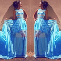 Sky Blue See Through Evening Gowns 2018 Spring Lace And Chiffon Sleeveless Prom Dresses Long Train Formal Party Dress Custom Made
