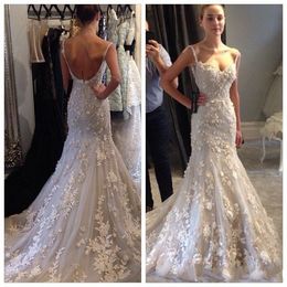 2018 Spaghetti Straps Lace Steven Khalil Wedding Dresses 3D Flowers Mermaid Sexy Beaded Appliques Backless Court Train Bridal Gowns Custom