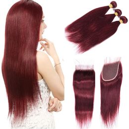 New Arrive Wine Red 99J Straight Hair 3 Bundles with Lace Closure Burgundy Peruvian Human Hair Weaves Extensions with Lace Closure