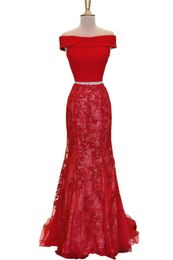 Red Mermaid Evening Long Dresses For Party Girls Off the shoulder with Sleeves Lace Sequins 2 Pieces Prom Formal Pageant Dress Gowns