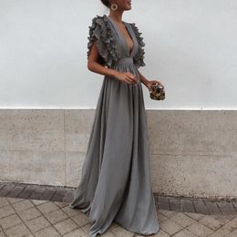 2018 New Fashion Women Dress Sexy Gray V Neck Backless Flying Short Sleeves Maxi Dress Summer Solid Beach Party Long Dress D1891304