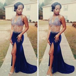 Amazing Sexy Long Slit Split Mermaid Prom Dresses Royal Blue Floor Length Sexy Halter Top See Through Crystal Beaded Velvet Prom Dresses