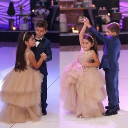 High Low Flower Girls Dresses For Weddings Jewel Neck Lace Appliques Tiered Tulle Girl Pageant Dress Kids Prom Gowns