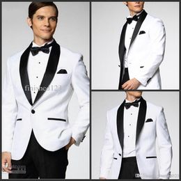 Excellent Style Groom Tuxedos One Button White Shawl Lapel Groomsmen Best Man Suit Mens Wedding Suits (Jacket+Pants+Tie) NO:1088