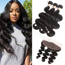 Peruvian Human Hair Bundles With 13X4 Lace Frontal 4 Pieces/lot Body Wave Bundles With 13*4 Frontal Closure Free Part Body Wave