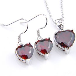 LuckyShine 5 Sets Heart Crystal Zircon Red Garnet Earrings and Pendant Chain Necklace 925 Silver Women Fashion Wedding Sets FREE SHIPPING!
