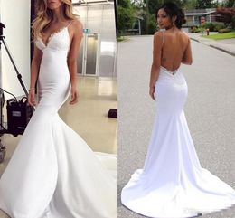 Backless Newest Sexy Mermaid Dresses Satin Lace with Spaghetti Straps Sweep Train Deep V Neck Beach Wedding Bridal Gown Custom Made