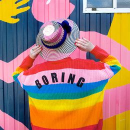 Lazy Oaf Rainbow Cardigan 2018 Autumn and Winter Women Colourful Striped Oversized Sweater Embroidery Letter BORING Jacket Coat