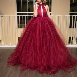 Burgundy Red Ball Gown Prom Dresses Halter Tulle Floor Length Backless African Party Dresses Sparkle Evening Dresses Free Shipping