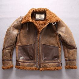 brown AVIREXFLY sheepskin leather jackets men lamb fur lining inside B3 TOP leather jacket with pocket
