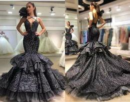 Sparkly Beaded Luxury Mermaid Evening Dresses Cross Sweetheart Zipper Backless Tiered Skirts Evening Gowns Celebrity Red Carpet Dresses