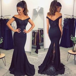 Elegant Black Prom Dresses Off Shoulder Satin Lace Crystals Mermaid Dresses Evening Wear 2020 Pageant Party Gowns Sweep Train