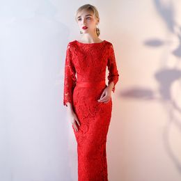 Floor Length Lace Mother of the Bride Dresses Three Quarter Sleeves Fall Winter Long Elegant Party Dress Zipper Back Red,Black,Blue