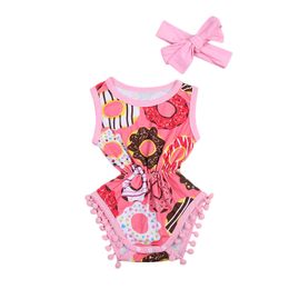 Baby Girl Clothes 2018 Summer Newborn Infant Baby Girls Romper Donuts Printing Sleeveless Tassel Romper + Headband 2PCS Baby Outfits Sunsuit