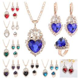 2019 Hot sales Bridal Jewellery Set fashion love heart Luxurious crystal gemstone Earrings Ring Pendant Necklace 7 Colour selection