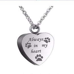 Funeral jewelry engraved text always in my heart perfume bottle pendant cremation stainless steel heart necklace Memorial pet necklace