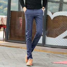 Male Fashion Smart Casual Plaid Pants Slim Fit UK Style Mid Waist Full Length Cotton Linen Straight Pants For Men