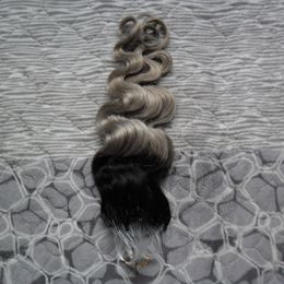 Ombre Micro Ring Hair Extensions T1b/gray Body wave Silver Grey Ombre micro loop hair extensions 100G Silver Grey Real Human Hair Extensions