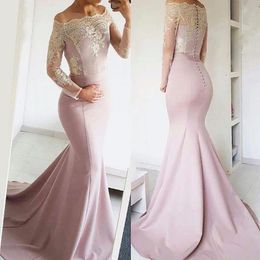 New Lilac Pink Mermaid Evening Dresses Sexy backless Sheer Off Shoulder Appliques Maternity Reception Dress Prom Gowns with Buttons Back
