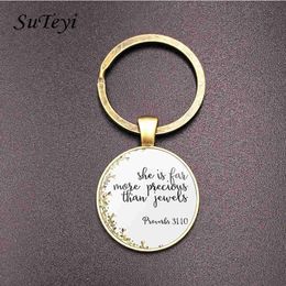 SUTEYI Vintage Bronze Christian Bible Key Chain Holder Charms Bible Psalm Glass And Flower Picture Keychain Men Women Gift
