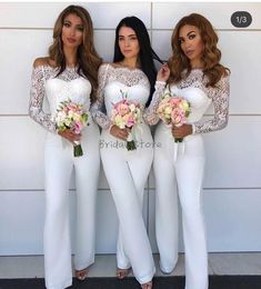 Country White Jumpsuit Bridesmaid Dresses Off The Shoulder Sheer Neck Lace Long Sleeve Pants Suits Maid Of Honour Beach garden Wedding Africa