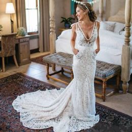 Lace Chic Boho Mermaid Wedding Dress With Pockets Charming Sexy Deep V-Neck Sleeveless Bridal Gowns Glamorous Full Lace Beach Wedding Dress