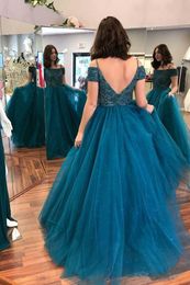 -Vintage Teal Blue Ball Vestido 2018 Prom Vestido Espaguete Tulle Frisado Puffy Longo Vestidos de Noite Sexy Backless Elegant Plus Size Formal Party