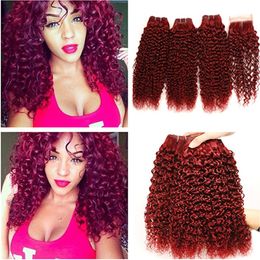 Kinky Curly Virgin Peruvian Burgundy Red Human Hair Bundles with Lace Closure 4x4 Curly #99J Wine Red Hair Weaves Doublw Wefts with Closure