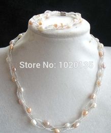 3rows freshwater pearl white pink purple necklace bracelet rice nature 17inch & 7.5inch