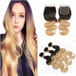 In Stock 1b 27 Honey Blonde Hair With Lace Closure Honey Blonde Brazilian Virgin Human Hair Body Wave Ombre Lace Closure With 3Bundles