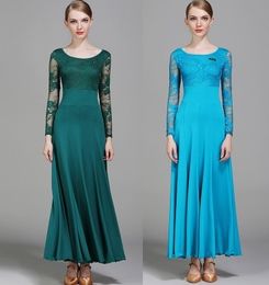 Free Shipping Adult/Women Ballroom Dance Dress Modern Waltz Standard Competition Practice Lace Stitching Dance Dress Black Green Blue Red