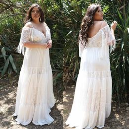 Plus Size Bohemian Wedding Dresses Spaghetti Off Shoulder Lace Appliqued Boho Long Bridal Gowns A Line Vestido De Novia