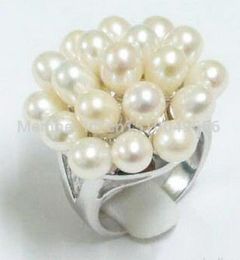 FREE shipping>>>Genuine White Pearl Cluster Flower White Ring Size: 7.8.9