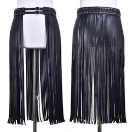 Wholesale New Fantastic Long Fringe Belt Black PU Leather Belts for Women Long Tassels Pin Buckle Corset belt Women Lady Belt Free Shipping