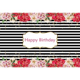 Black and White Striped Happy Birthday Backdrop Printed Pink Red Roses Gold Polka Dots Party Themed Photo Booth Background