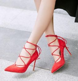 Women Lace-up Strappy Pumps Pointed Toe High Heels Spring Autumn Dress Shoes 2018 Ankle Wrap Wedding Dress Shoes Big Size 10