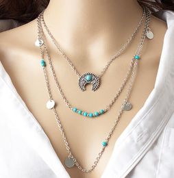 New Style Bohemian vintage moon-and-turquoise-sequined multilayer composite necklace necklace with a three-layer necklace, chic and classic