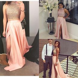 Cute Pink Two Piece Prom Dresses Long Sexy Crop Top Beaded Formal Evening Dress Keyhole Back Party Gown With Slit teen