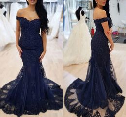 Mermaid Lace Navy Blue Prom Dresses Off The Shoulder Appliques Tulle Floor Length Elegant Evening Dresses Formal Party Dresses