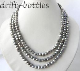 3Strands 18'' 6mm Gray Baroque Freshwater Pearl Silver Necklace