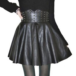 Sexy Fashion PU Leather High Waisted Skirts Womens Rivet Pleated A-line Mini Skirt Plus Size Women Clothing