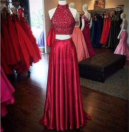 Shinning Two Pieces Prom Dress High Neck Crystal Beading Dark Red Hollow Back Side Split Evening Gowns Long Formal Cocktail Party Dress