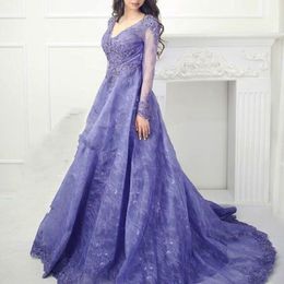 Deep-Lavender Lace Prom Dresses Sexy V-Neck Beads Appliques Long Sleeve Prom Dress Saudi Arabia Elegant A-Line Lace Evening Dress Cheap Gown